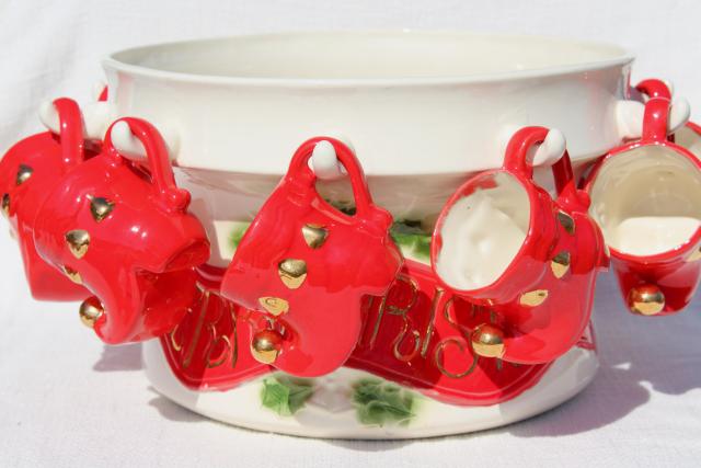 photo of 70s vintage handmade ceramic punch set, Christmas bowl w/ elf shoes punch cups #1