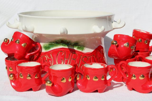 photo of 70s vintage handmade ceramic punch set, Christmas bowl w/ elf shoes punch cups #6