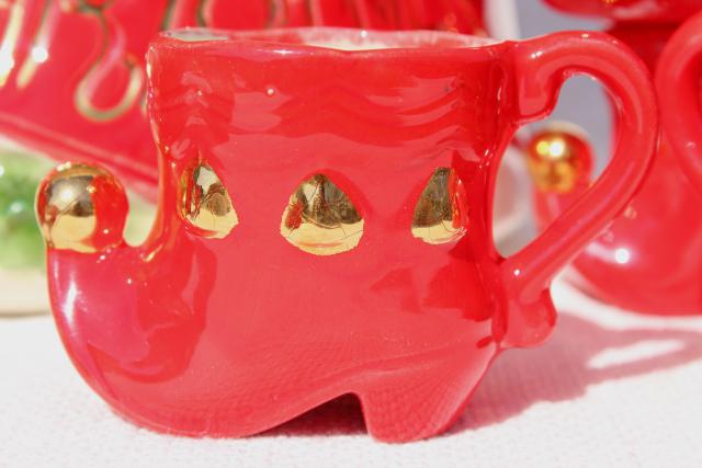 photo of 70s vintage handmade ceramic punch set, Christmas bowl w/ elf shoes punch cups #7