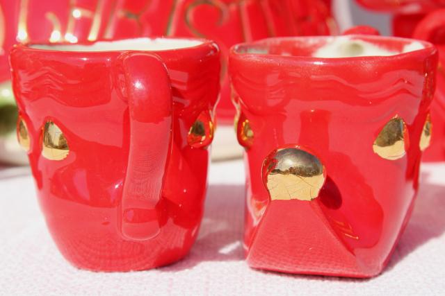 photo of 70s vintage handmade ceramic punch set, Christmas bowl w/ elf shoes punch cups #8