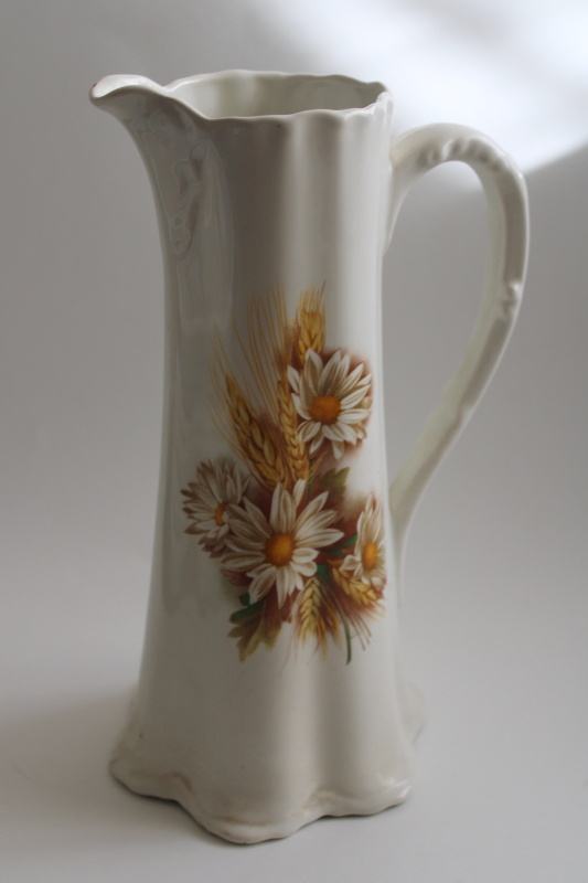 photo of 70s vintage handmade ceramic vase, tall pitcher w/ cottage style daisies floral decal #1