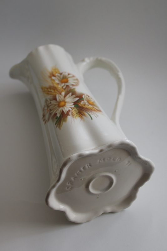 photo of 70s vintage handmade ceramic vase, tall pitcher w/ cottage style daisies floral decal #3