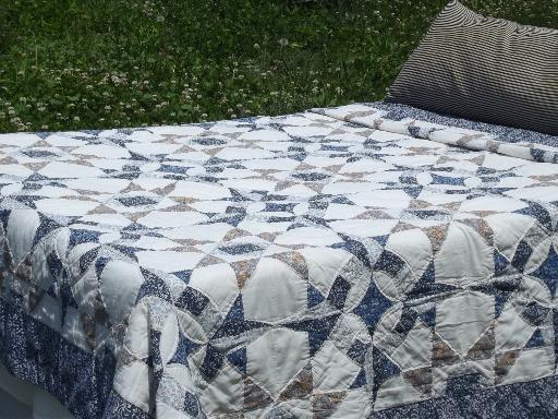 photo of 70s vintage hand-quilted blue and brown cotton prints patchwork quilt #1