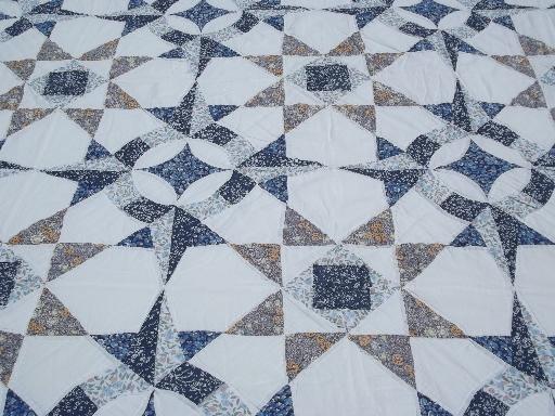 photo of 70s vintage hand-quilted blue and brown cotton prints patchwork quilt #2