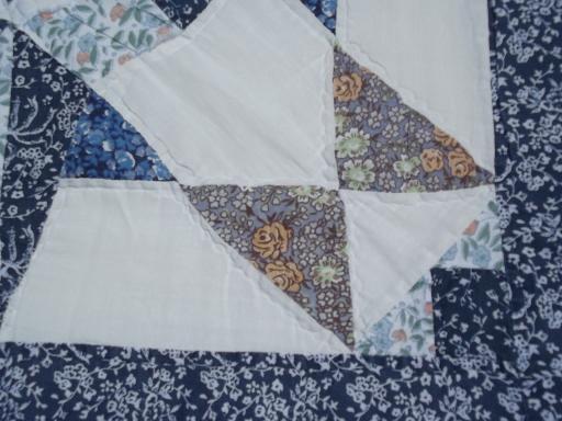 photo of 70s vintage hand-quilted blue and brown cotton prints patchwork quilt #4