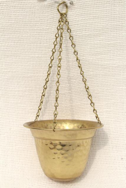 photo of 70s vintage hanging planter, hammered brass pot for trailing plants or succulents #1