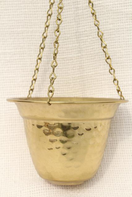 photo of 70s vintage hanging planter, hammered brass pot for trailing plants or succulents #2