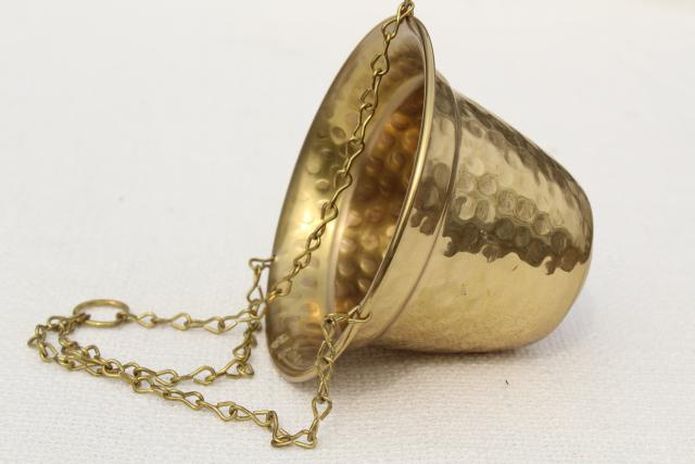 photo of 70s vintage hanging planter, hammered brass pot for trailing plants or succulents #5