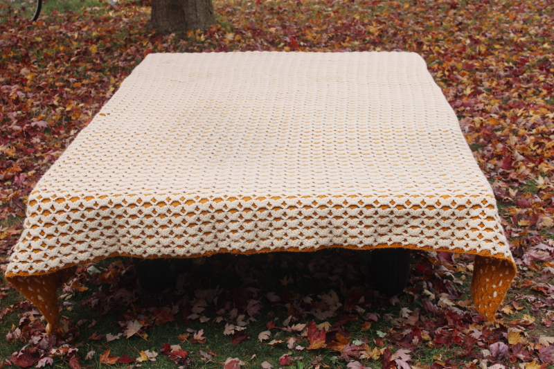 photo of 70s vintage hippie bedspread, huge heavy thick crochet afghan blanket harvest gold & cream  #1