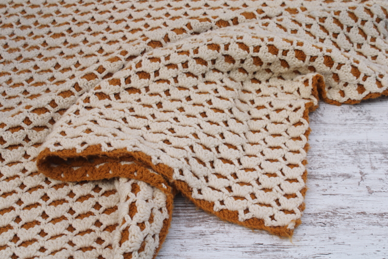 photo of 70s vintage hippie bedspread, huge heavy thick crochet afghan blanket harvest gold & cream  #3