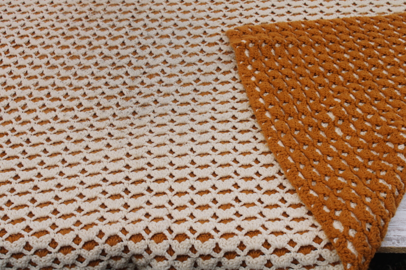 photo of 70s vintage hippie bedspread, huge heavy thick crochet afghan blanket harvest gold & cream  #4