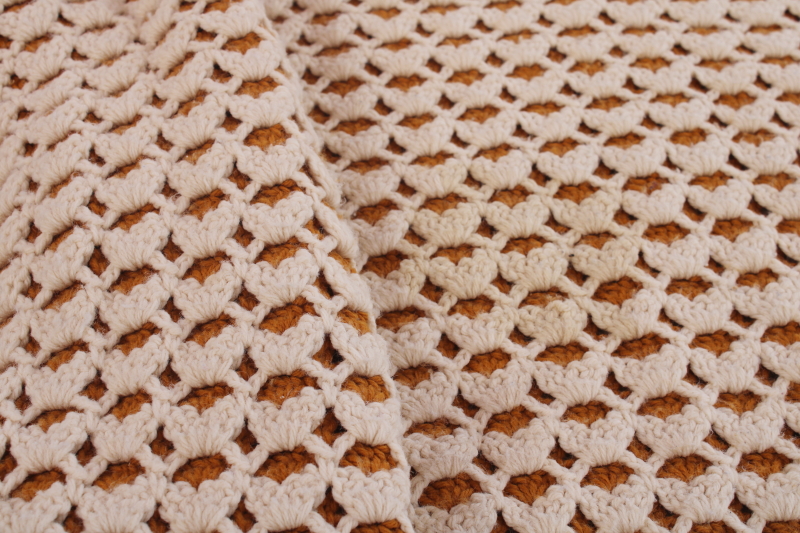 photo of 70s vintage hippie bedspread, huge heavy thick crochet afghan blanket harvest gold & cream  #8