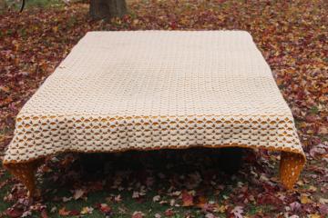 70s vintage hippie bedspread, huge heavy thick crochet afghan blanket harvest gold & cream 