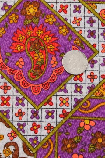 photo of 70s vintage hippie boho cotton crinkle fabric, retro patchwork print w/ neon colors #2