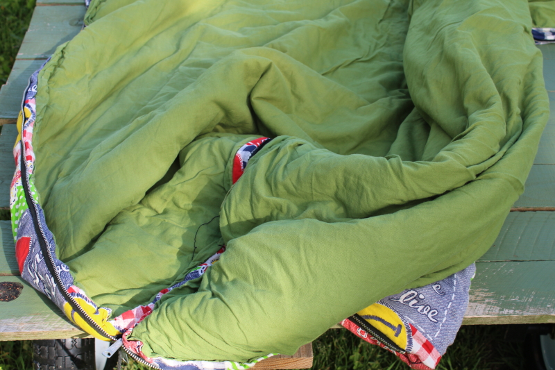 photo of 70s vintage hippie girl camper sleeping bag, earth eco tree hugger mottos patchwork print cotton  #2