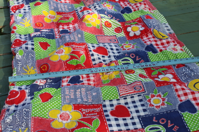 photo of 70s vintage hippie girl camper sleeping bag, earth eco tree hugger mottos patchwork print cotton  #3