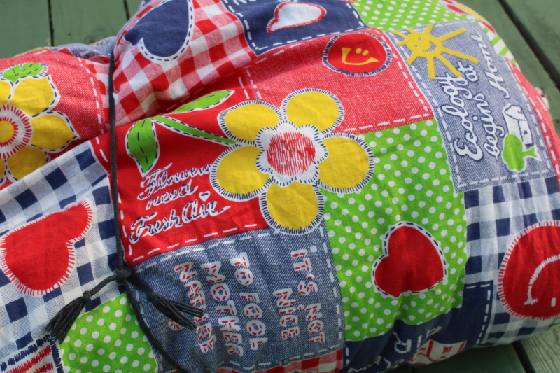 photo of 70s vintage hippie girl camper sleeping bag, earth eco tree hugger mottos patchwork print cotton  #4