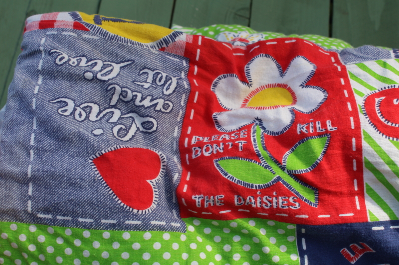 photo of 70s vintage hippie girl camper sleeping bag, earth eco tree hugger mottos patchwork print cotton  #5