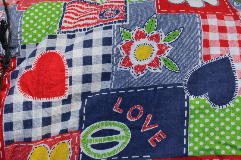 photo of 70s vintage hippie girl camper sleeping bag, earth eco tree hugger mottos patchwork print cotton  #6