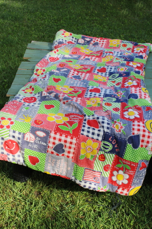 photo of 70s vintage hippie girl camper sleeping bag, earth eco tree hugger mottos patchwork print cotton  #7