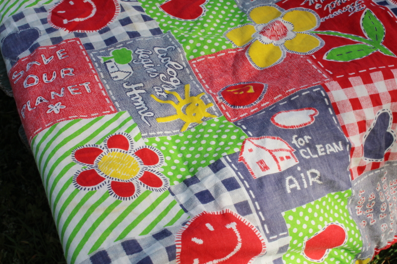 photo of 70s vintage hippie girl camper sleeping bag, earth eco tree hugger mottos patchwork print cotton  #8