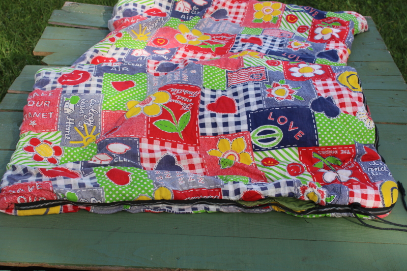 photo of 70s vintage hippie girl camper sleeping bag, earth eco tree hugger mottos patchwork print cotton  #9