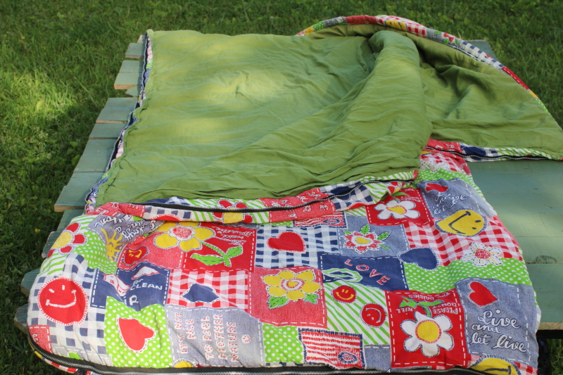photo of 70s vintage hippie girl camper sleeping bag, earth eco tree hugger mottos patchwork print cotton  #11