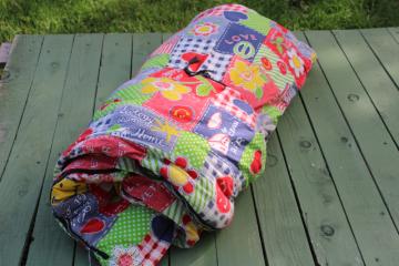 catalog photo of 70s vintage hippie girl camper sleeping bag, earth eco tree hugger mottos patchwork print cotton 