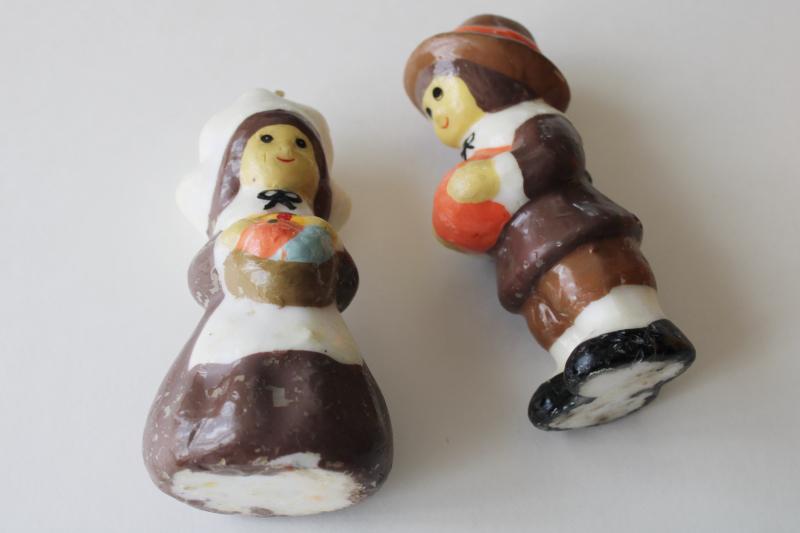 photo of 70s vintage holiday candles, Thanksgiving pilgrim boy & girl figural candle set #2