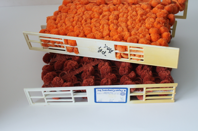 photo of 70s vintage home decor sewing trims, popcorn ball tassels & thick cotton fringe in rust & coral orange  #3