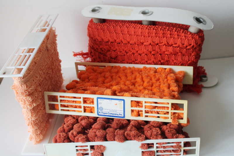photo of 70s vintage home decor sewing trims, popcorn ball tassels & thick cotton fringe in rust & coral orange  #5