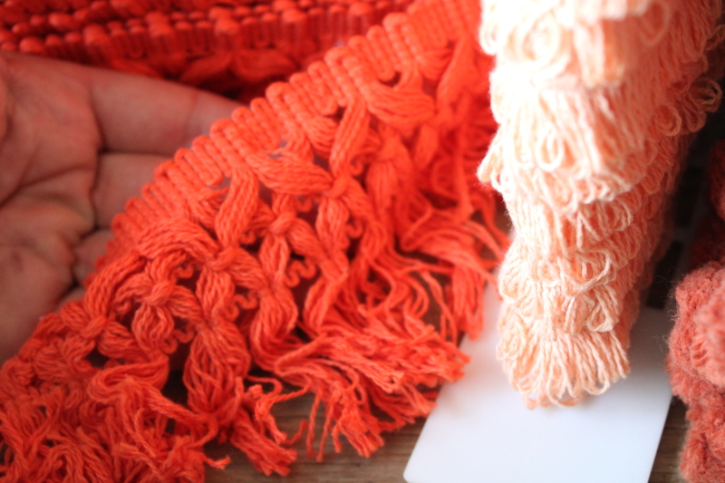 photo of 70s vintage home decor sewing trims, popcorn ball tassels & thick cotton fringe in rust & coral orange  #6