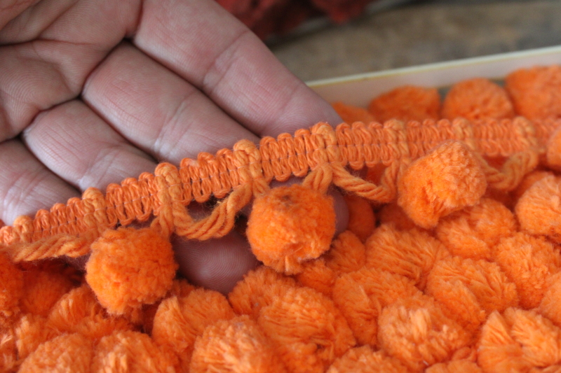 photo of 70s vintage home decor sewing trims, popcorn ball tassels & thick cotton fringe in rust & coral orange  #7