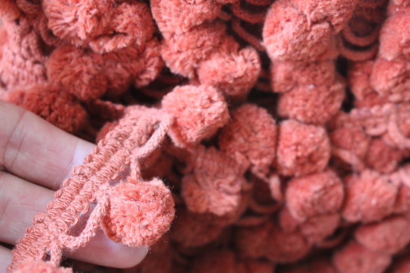 photo of 70s vintage home decor sewing trims, popcorn ball tassels & thick cotton fringe in rust & coral orange  #8