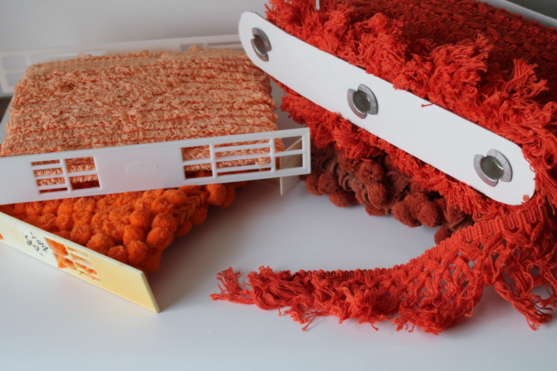 photo of 70s vintage home decor sewing trims, popcorn ball tassels & thick cotton fringe in rust & coral orange  #10