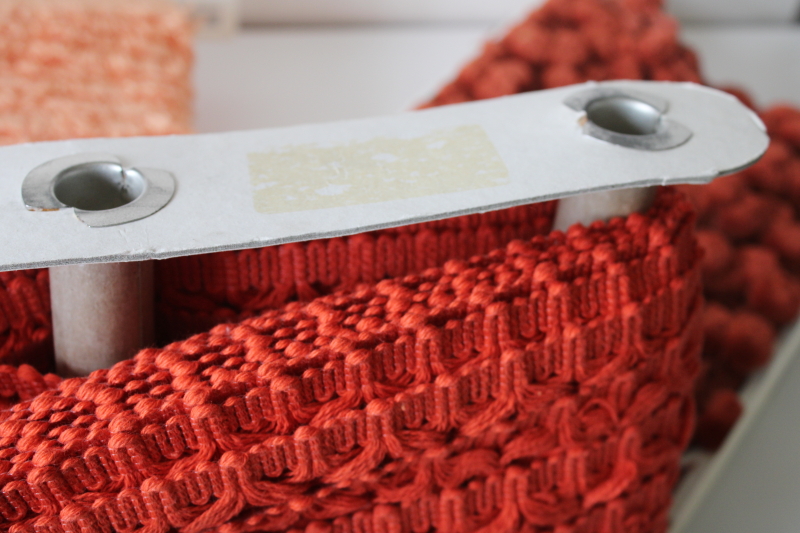 photo of 70s vintage home decor sewing trims, popcorn ball tassels & thick cotton fringe in rust & coral orange  #12