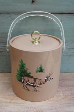 catalog photo of 70s vintage ice bucket, retro barware for camp cabin decor, deer w/ pine trees