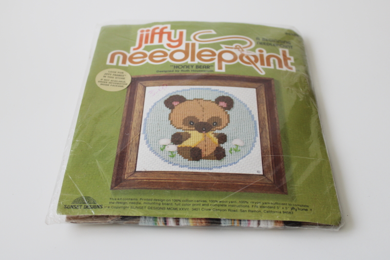 photo of 70s vintage kit Jiffy Needlepoint wool yarn & print canvas Honey Bear teddy #1