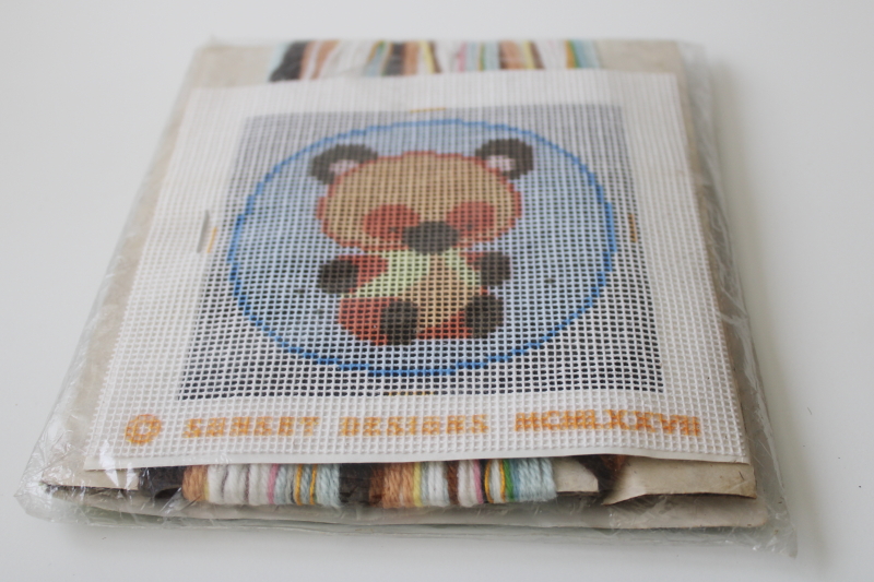 photo of 70s vintage kit Jiffy Needlepoint wool yarn & print canvas Honey Bear teddy #3