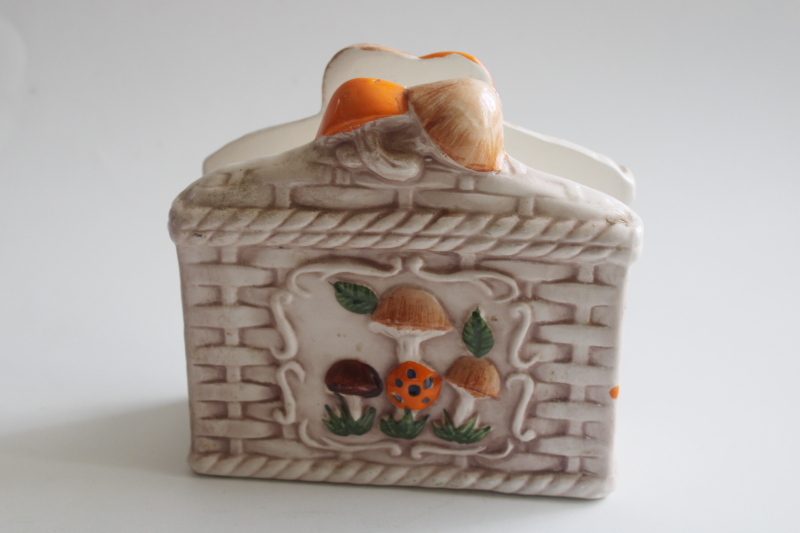 photo of 70s vintage magic mushrooms ceramic napkin holder, orange brown merry mushrooms  #1