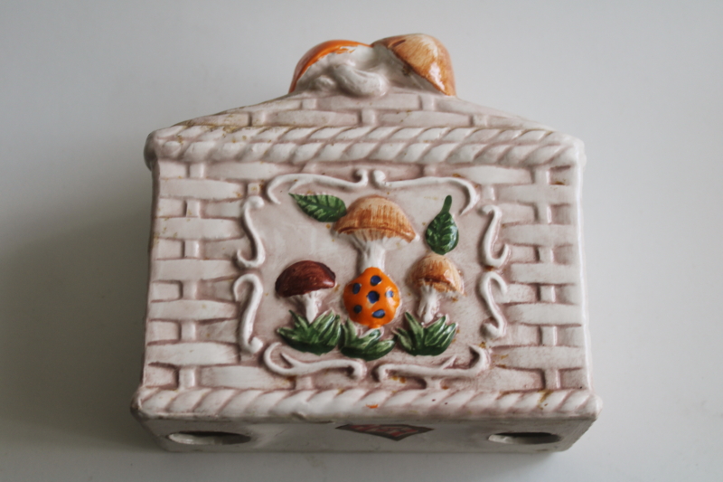 photo of 70s vintage magic mushrooms ceramic napkin holder, orange brown merry mushrooms  #3