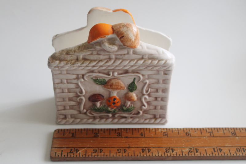 photo of 70s vintage magic mushrooms ceramic napkin holder, orange brown merry mushrooms  #6