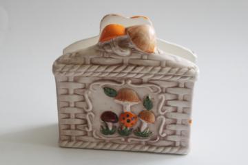 catalog photo of 70s vintage magic mushrooms ceramic napkin holder, orange brown merry mushrooms 