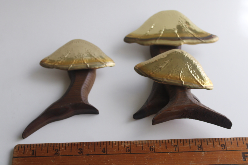 photo of 70s vintage magic mushrooms wall plaques, brass tone metal and wood retro art  #1