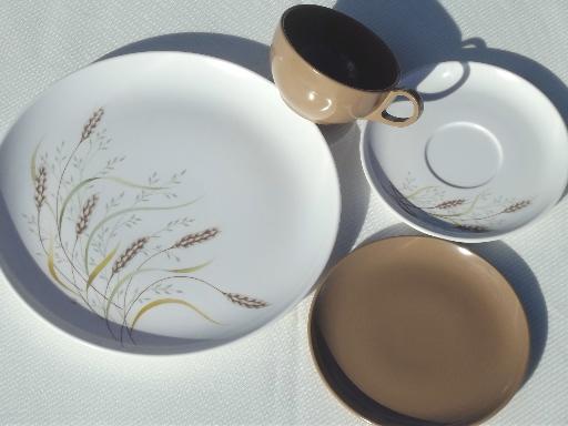 photo of 70s vintage melmac dinnerware set, retro brown wheat  print dishes #3