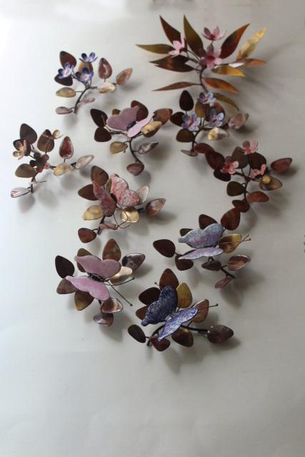 photo of 70s vintage metal art, flowers & butterflies, enameled copper brass wall plaques #1