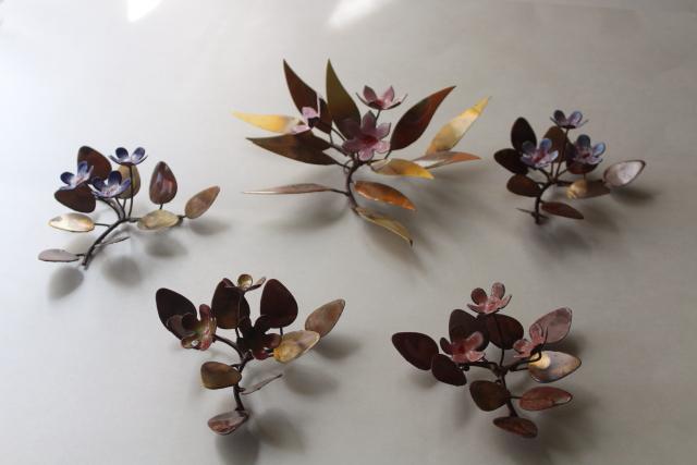 photo of 70s vintage metal art, flowers & butterflies, enameled copper brass wall plaques #5