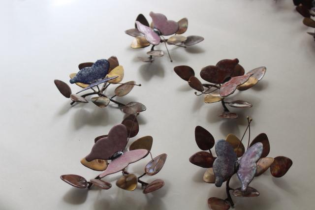 photo of 70s vintage metal art, flowers & butterflies, enameled copper brass wall plaques #11