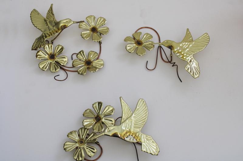 photo of 70s vintage metal art wall plaques, copper and brass hummingbirds w/ flowers #1