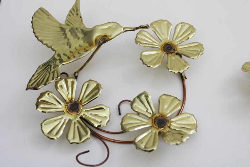 photo of 70s vintage metal art wall plaques, copper and brass hummingbirds w/ flowers #2